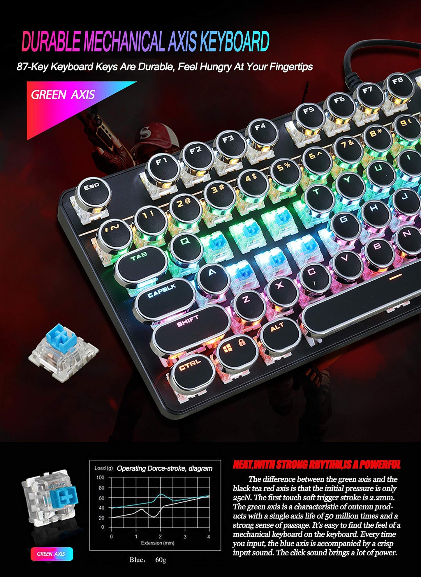 YSCP Typewriter Style Mechanical Gaming Keyboard LED Backlit Wired with Blue Switch Retro Round Keycap 104 Keys Keyboard (Black 104 Keys LED)