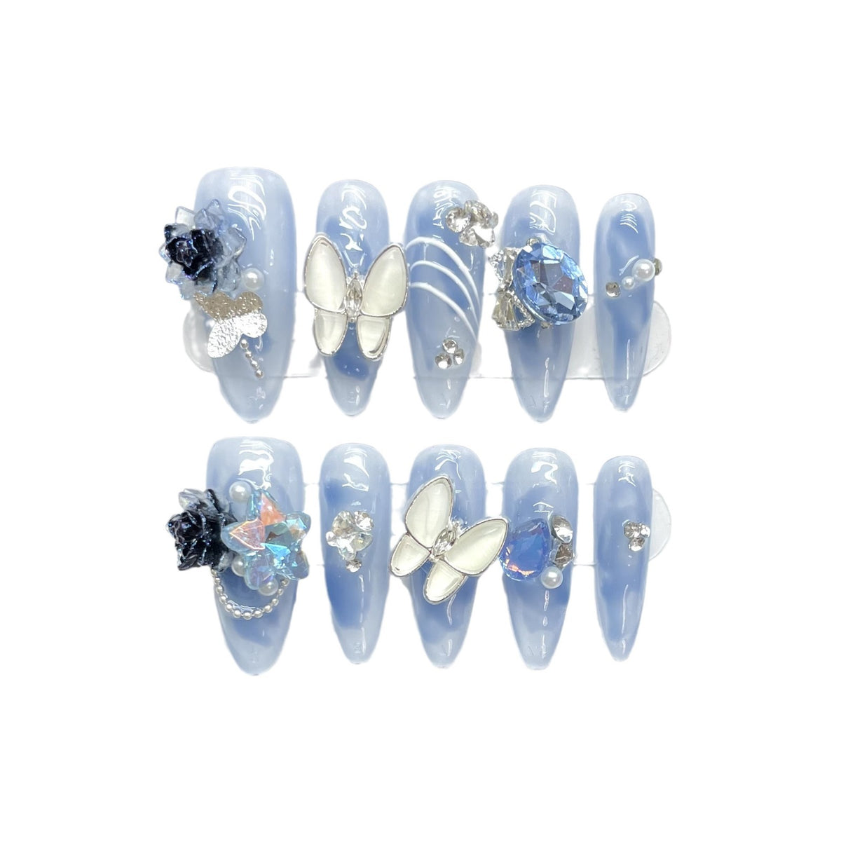 Narcissus Butterfly Rhinestone Nail Tips - Elegant Handcrafted False Nails Set