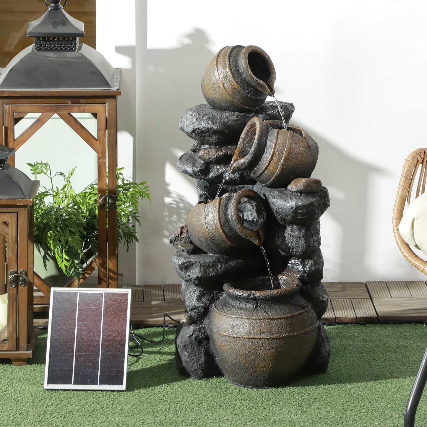 28.3-Inch Solar Water Fountain with LED Lights, 4-Tier Resin Cascading Jars Garden Decor