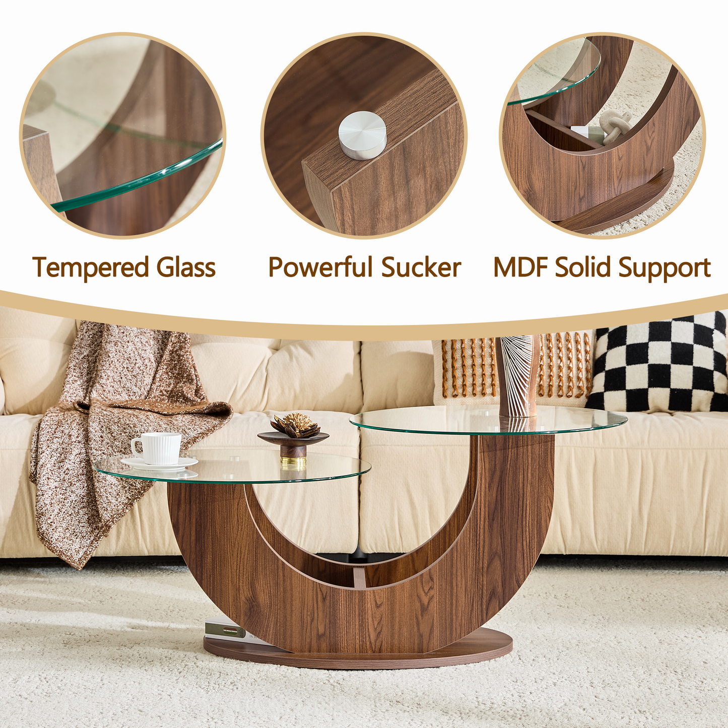 U-Shaped Double-Tier Glass Coffee Table with Walnut MDF Base