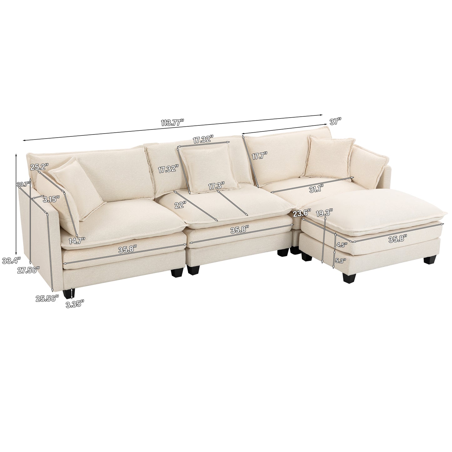 Modern 3-Seat Sectional Sofa with Ottoman - Antique White