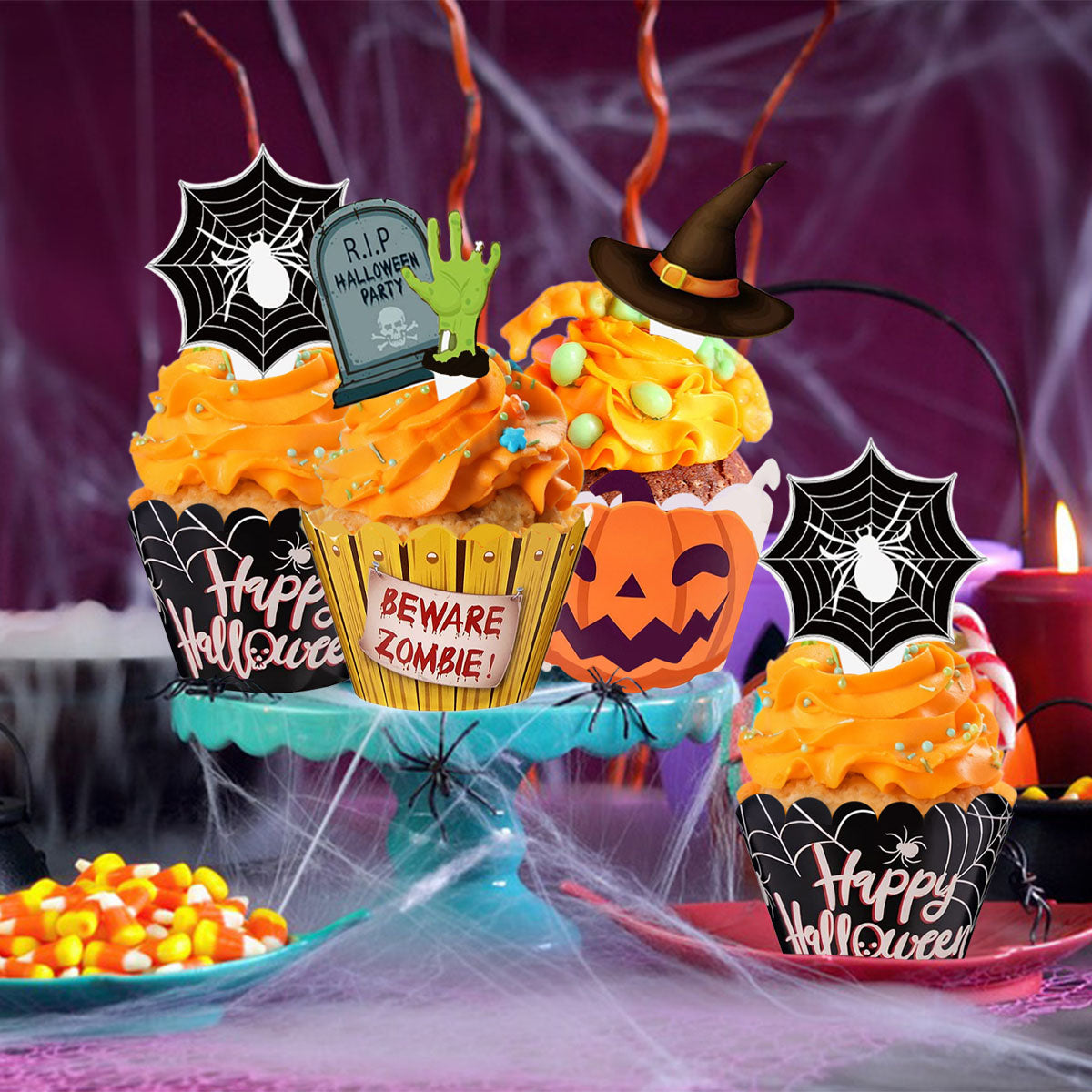 Halloween Cupcake Decoration Set - 48 Pcs Zombie Hand & Witch Hat Picks