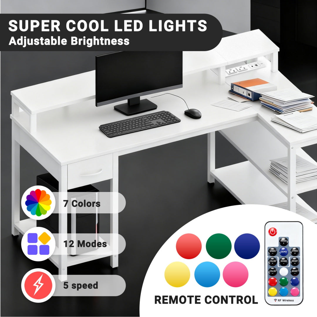 L-Shaped Gaming Table with USB Charging & LED Light