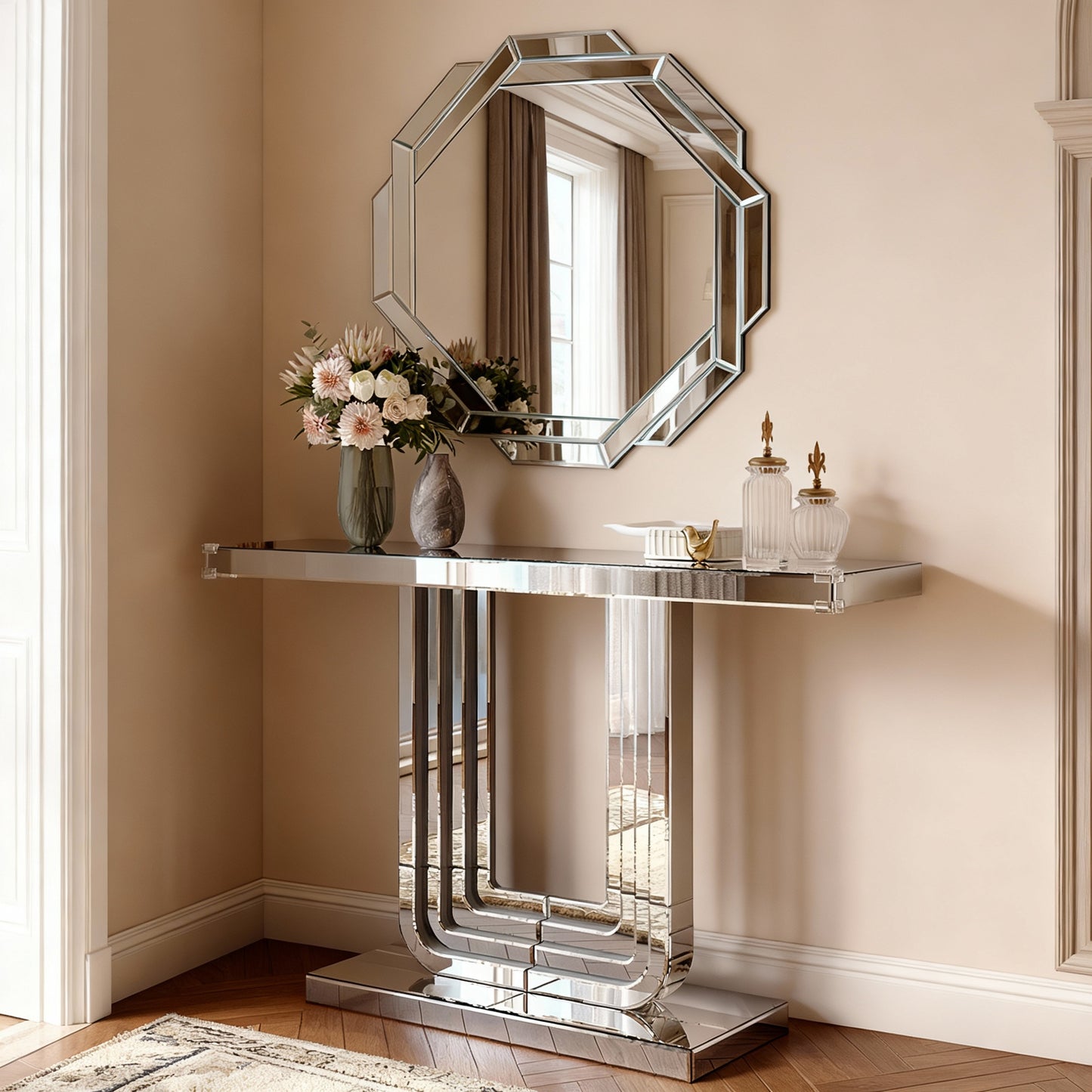 Silver Mirrored Console Table with U Base - 47 Inch