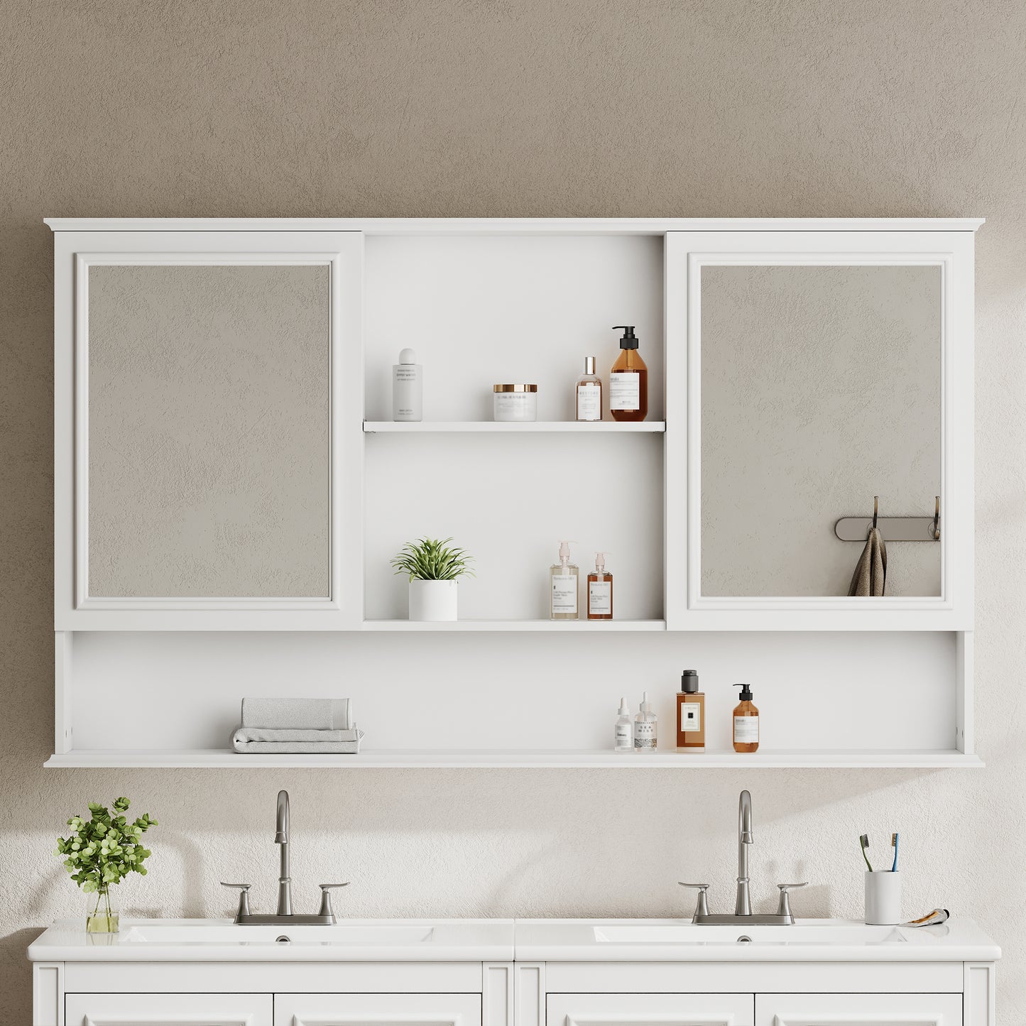 60" Wall-Mounted Bathroom Medicine Cabinet with Double Mirrors