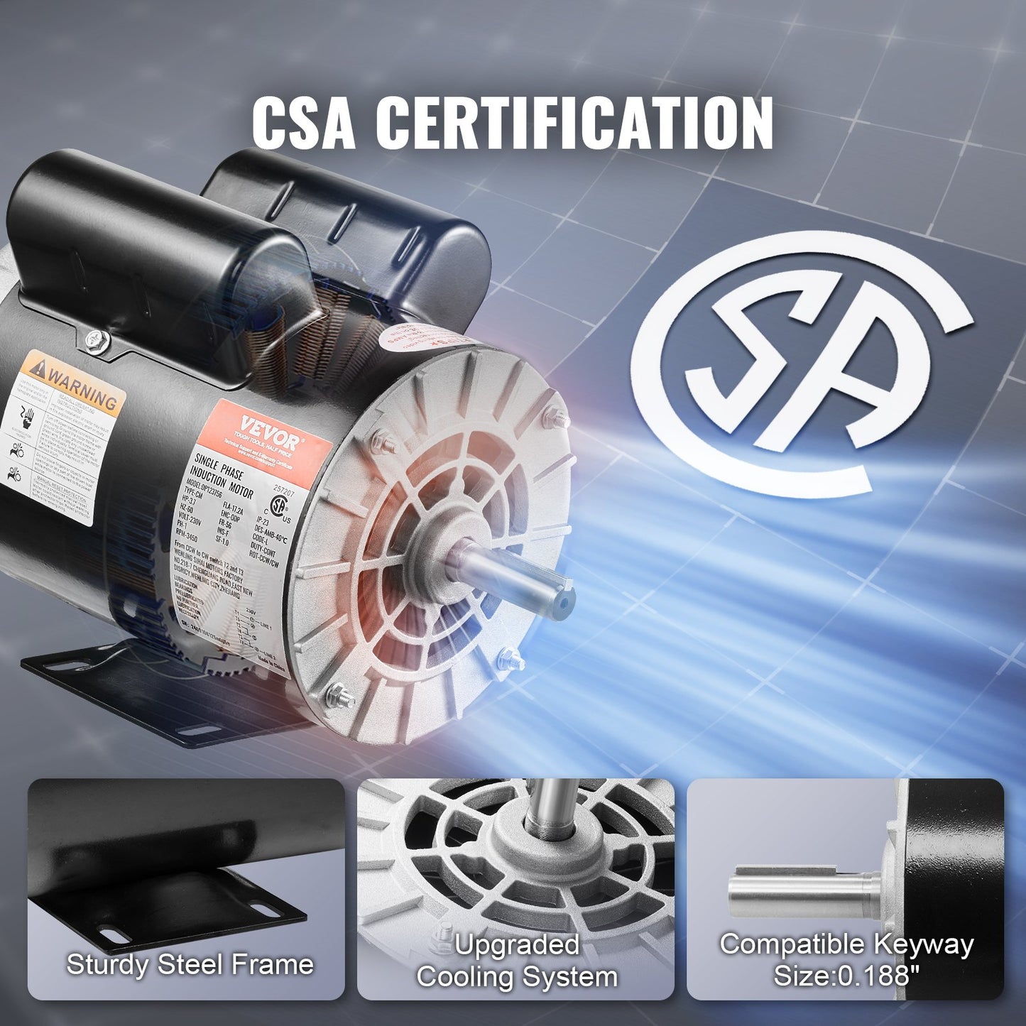 3.7HP Electric Air Compressor Motor 230V 56 Frame CW/CCW Rotation