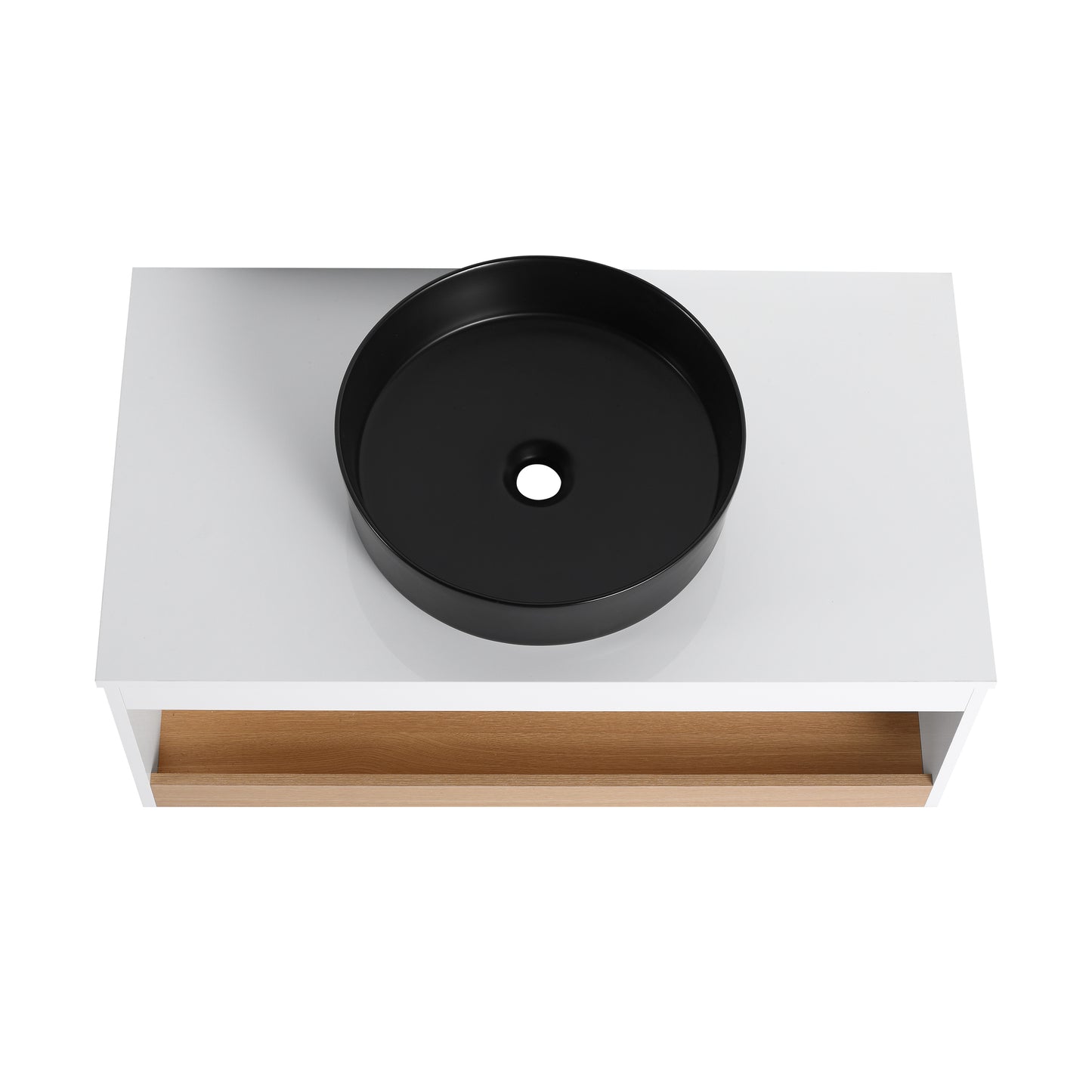 36" Floating Bathroom Vanity with Round Sink & Open Shelf - Black, White, Light Oak