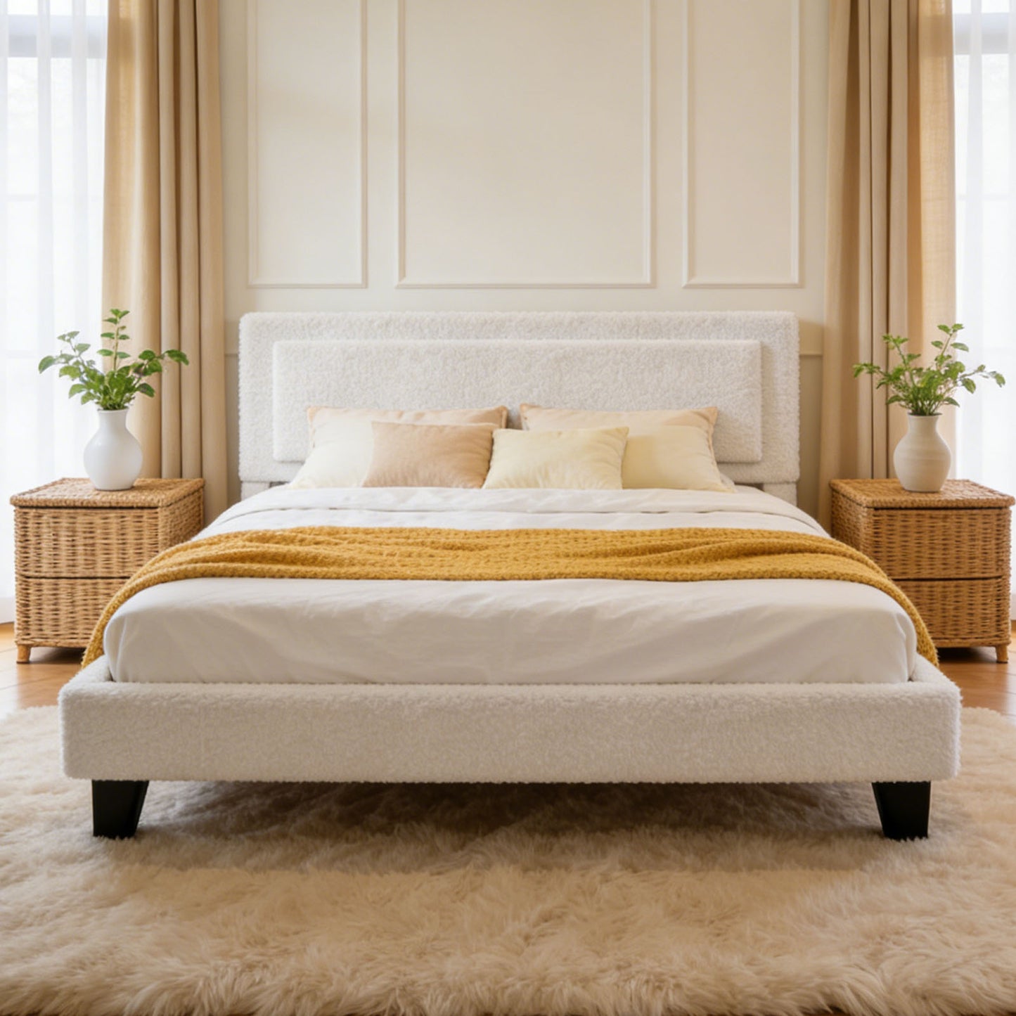 Queen Size Bed Frame Upholstered Platform With Adjustable Headboard