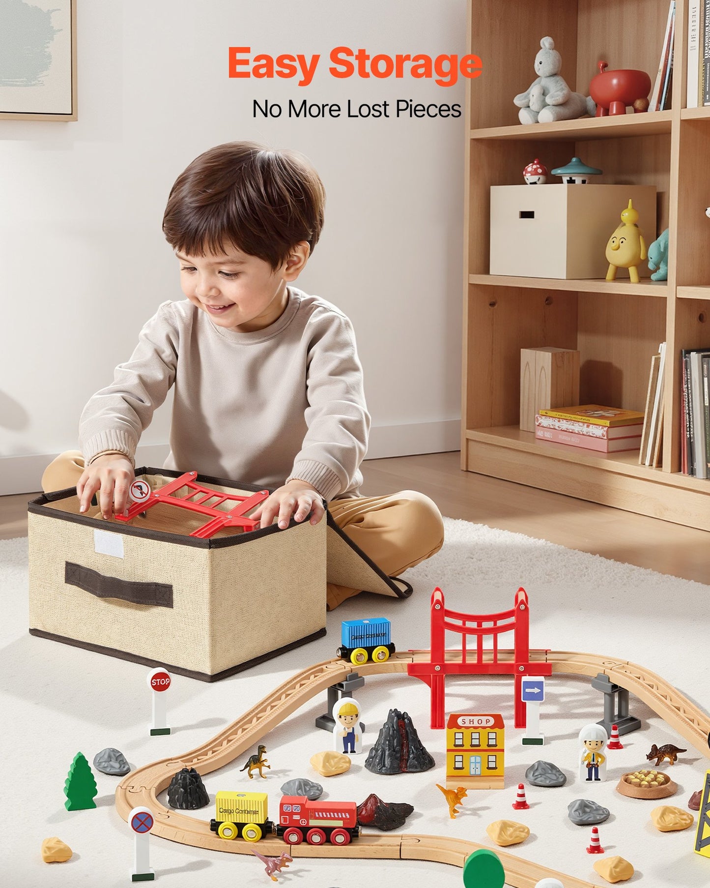 Wooden Train Set with Magnetic Crane and Accessories - Kids Construction Toy
