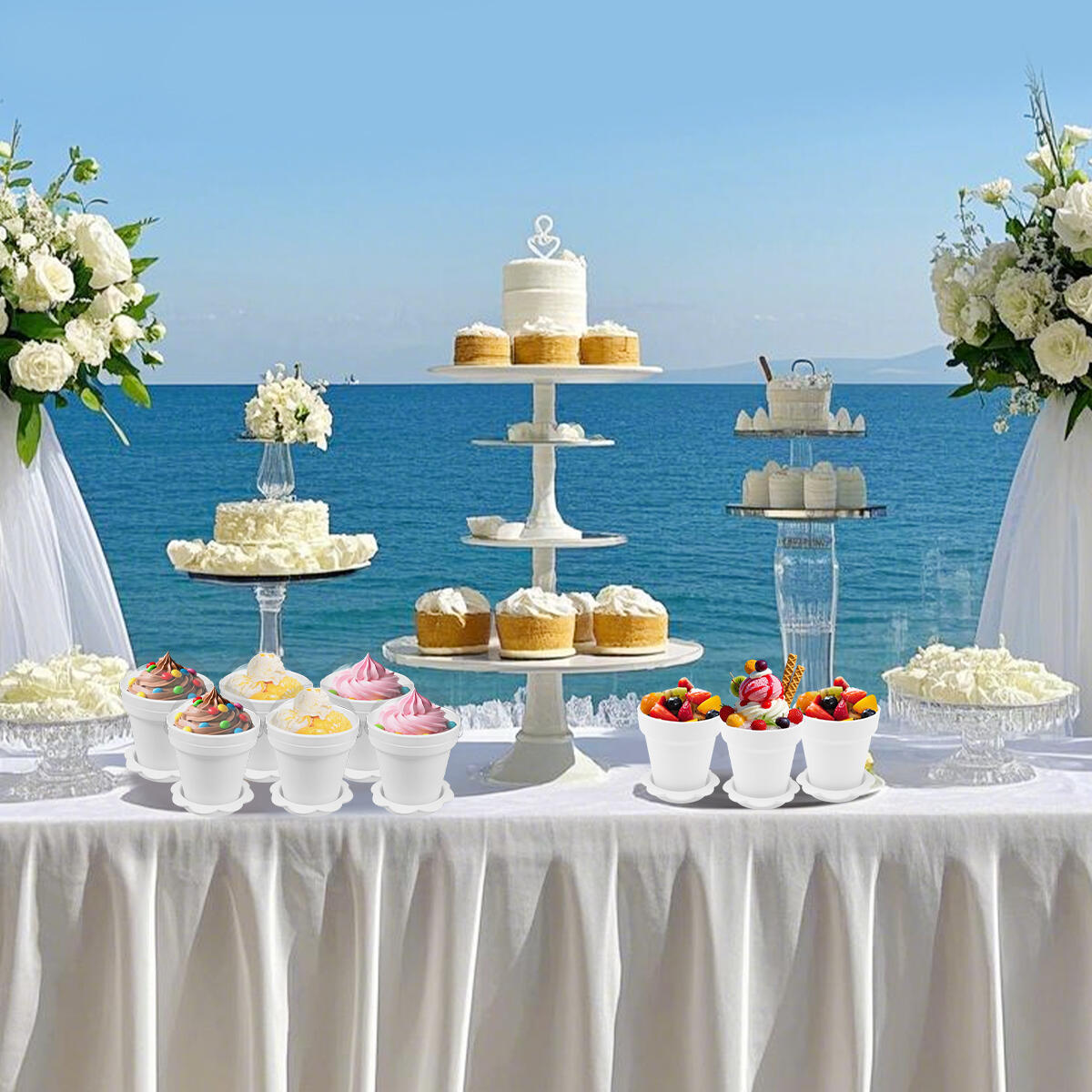 40 Pcs White Flowerpot Dessert Cups with Lids & Spoons