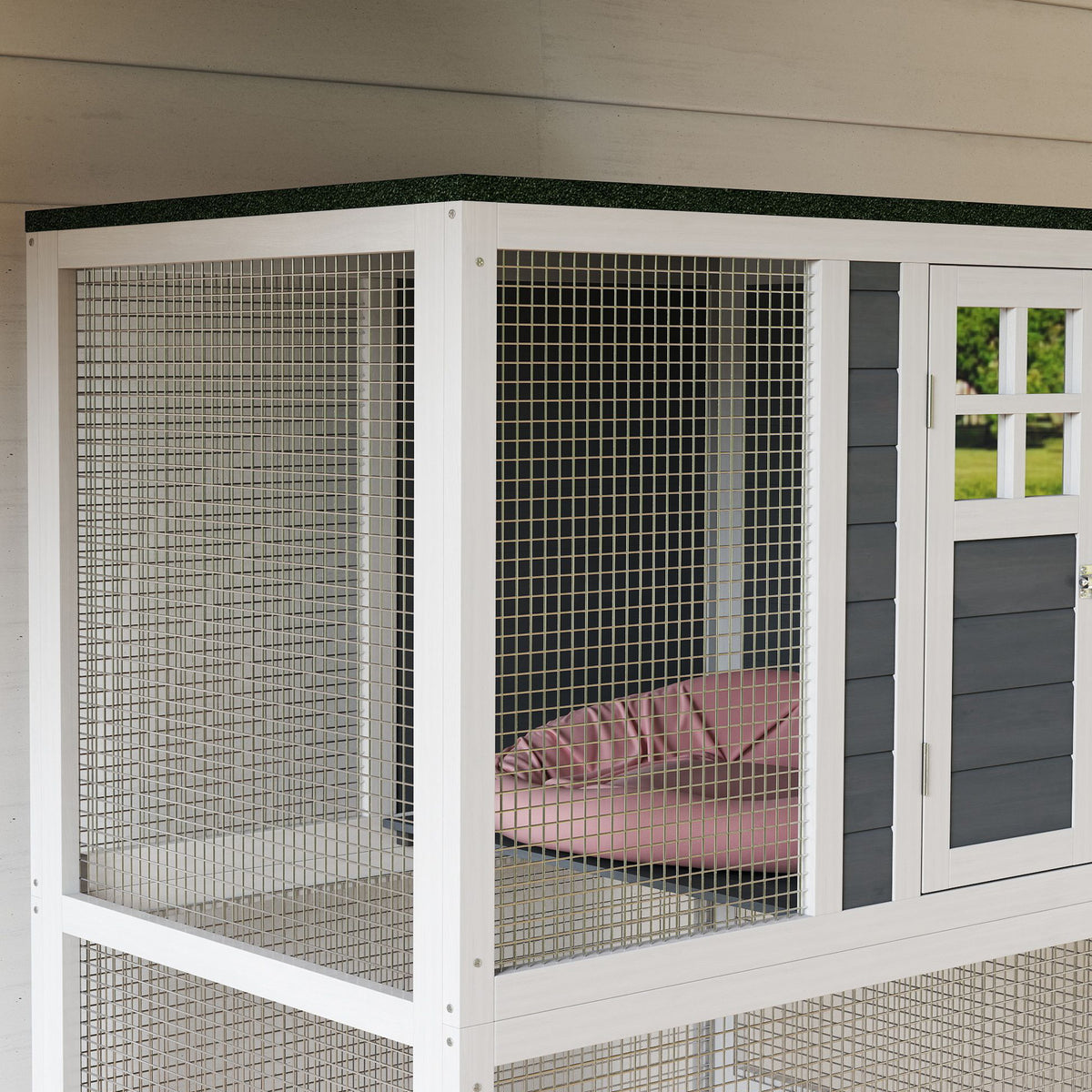 74-Inch Wooden Outdoor Cat Enclosure Weatherproof Wheeled Kitten Cage in White