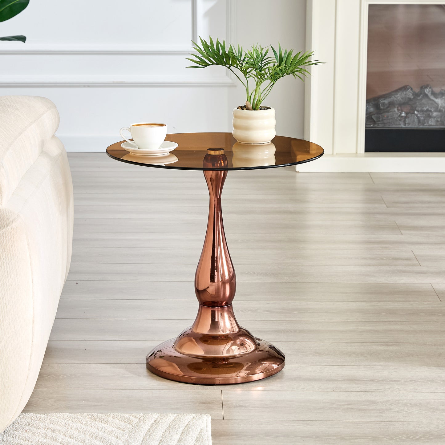 Modern Rose Gold Metal Side Table with Glass Top - 19.6 Inch