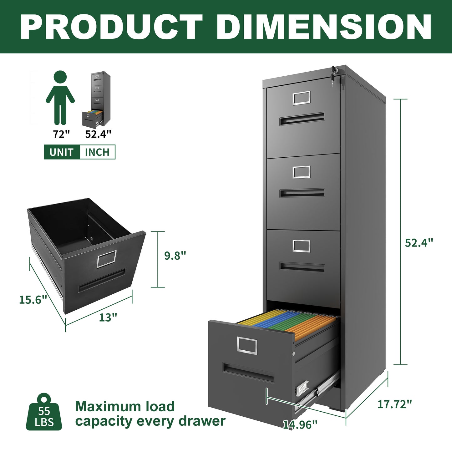 4 Drawer File Cabinet With Lock Metal Vertical Office Home, A4 Legal