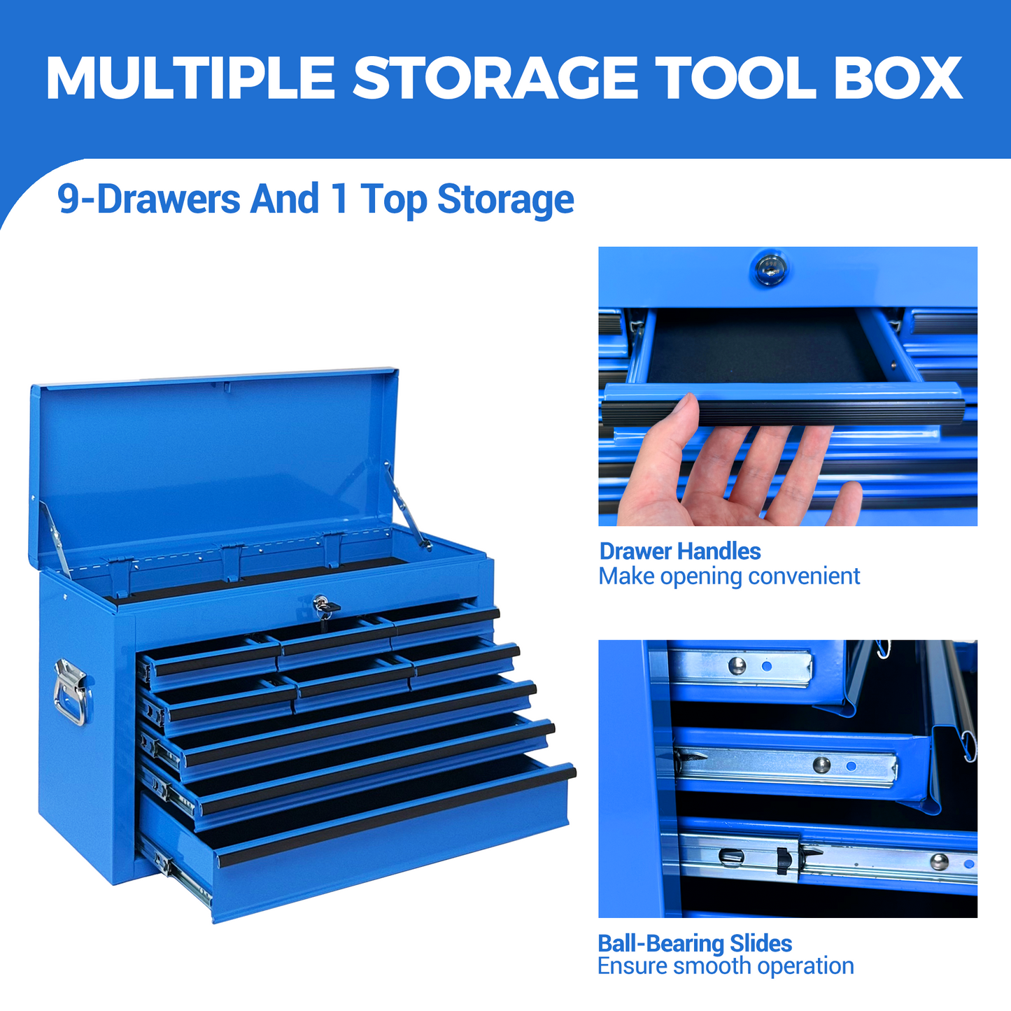 Heavy Duty Metal Tool Box 24-Inch with 9 Drawers and Locking Mechanism - Blue