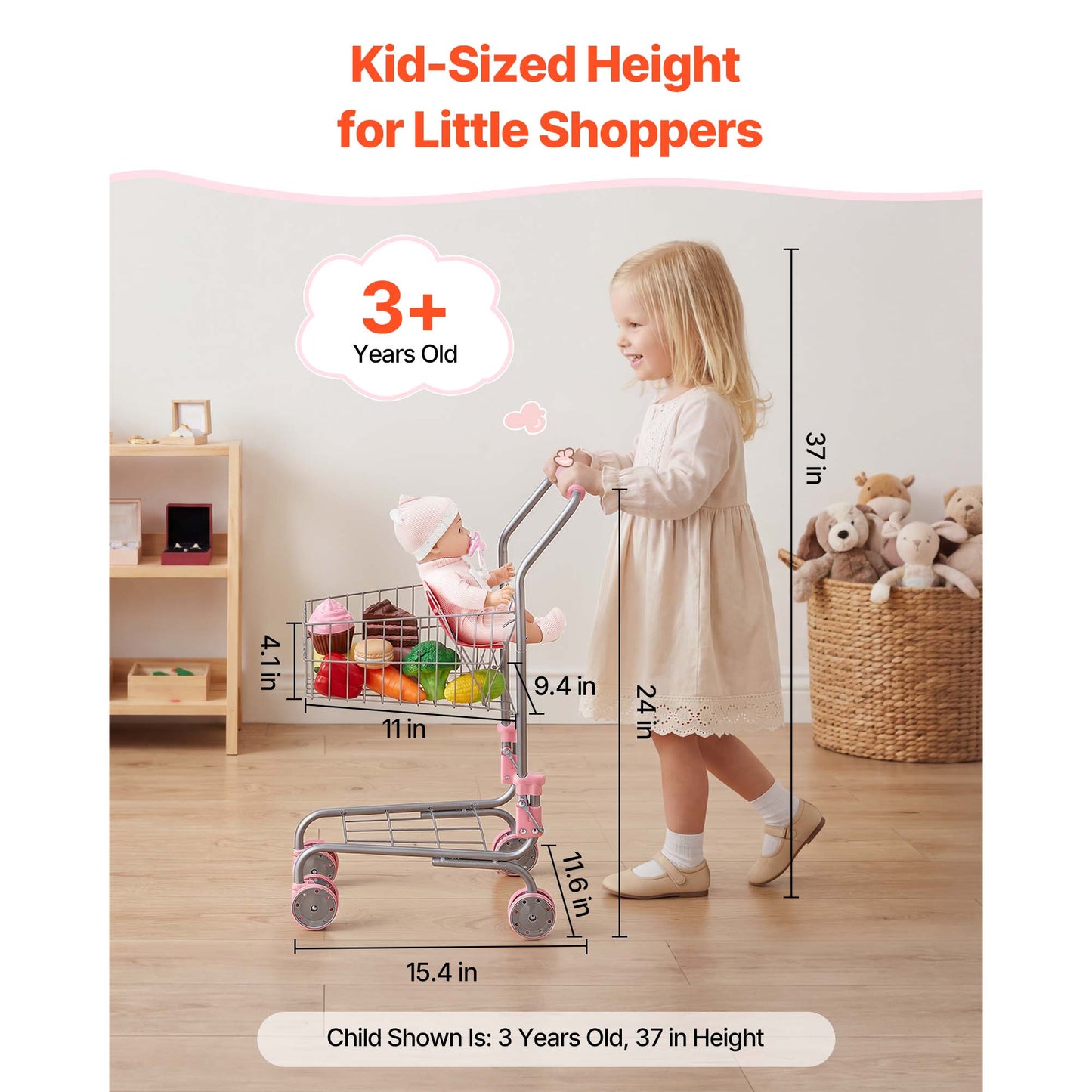Kids Shopping Cart Toy with Rolling Wheels and Storage Basket - Pretend Play Grocery Trolley for Kids & Toddlers