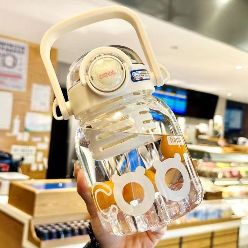 Wide Body Glass Water Bottle with Straw & Carry Handle - 1000ML