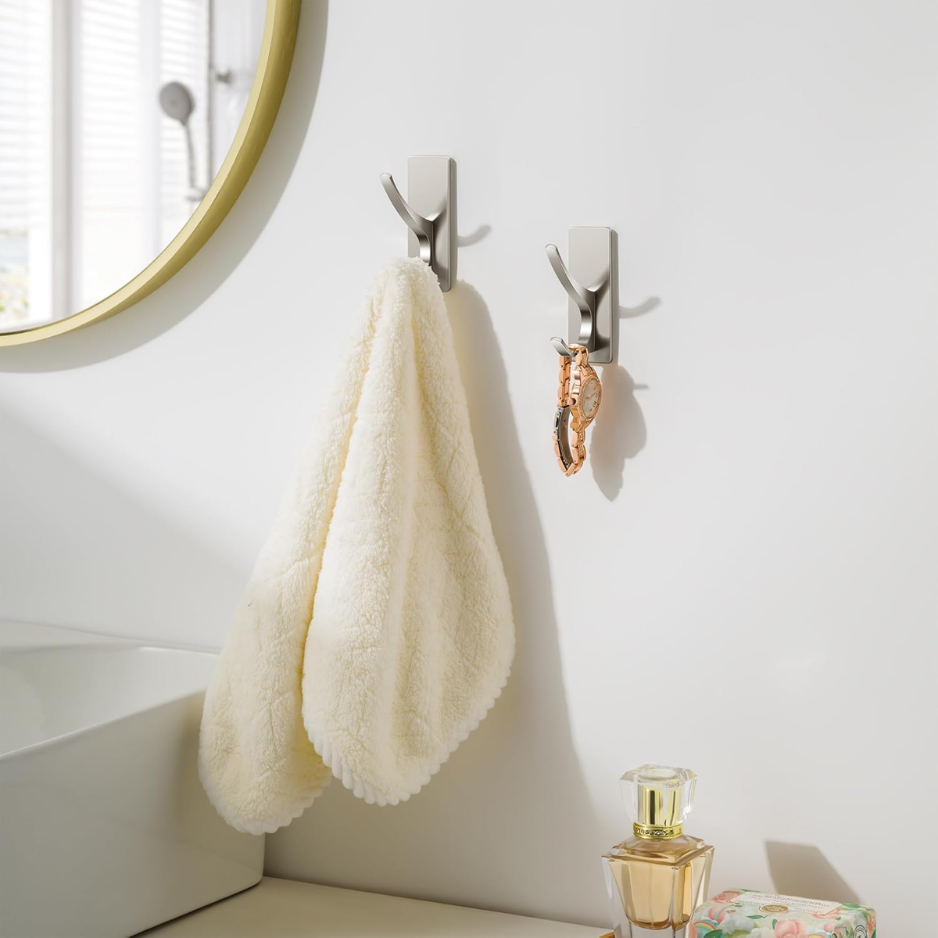 Self-Adhesive Towel Hooks - Heavy-Duty Brushed Nickel, 4 Pack