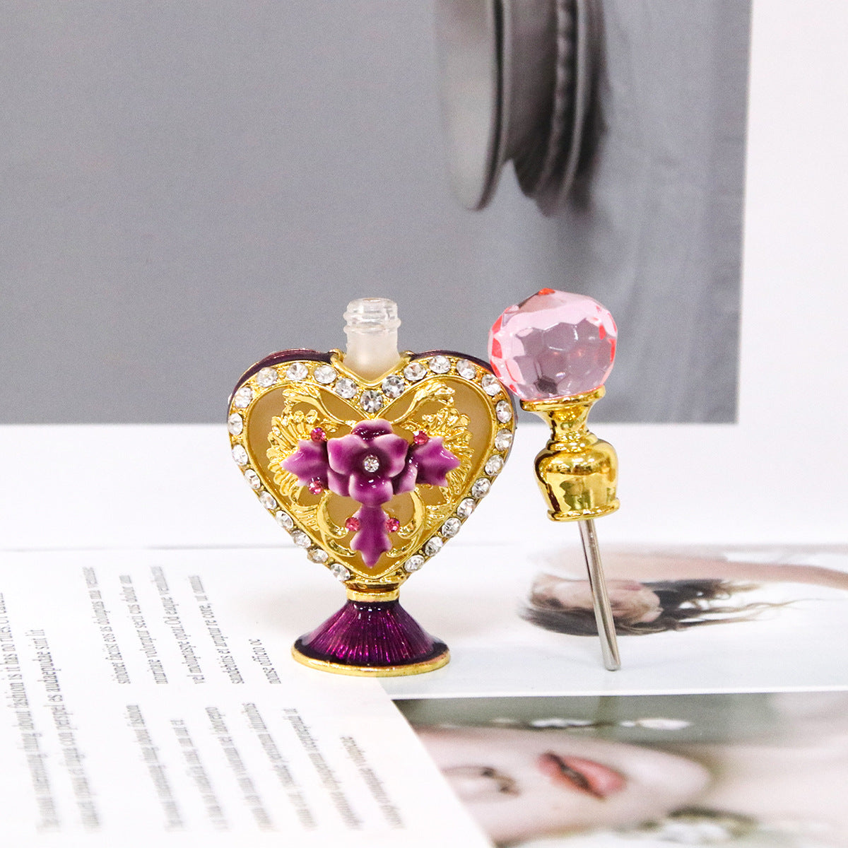 Heart-Shaped Mini Perfume Bottle with Rhinestones, 4ml - Purple & Light Purple Variants