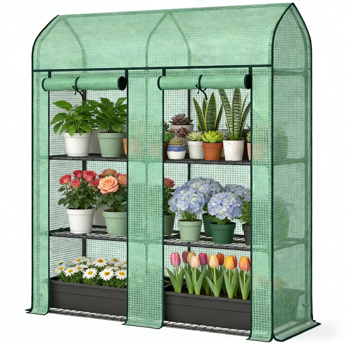 Portable Mini Greenhouse with Three-Tier Plant Shelf - Green