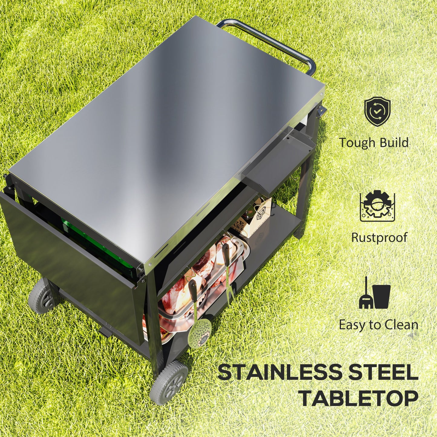 Outdoor Bar Cart with Stainless Steel Top - Black