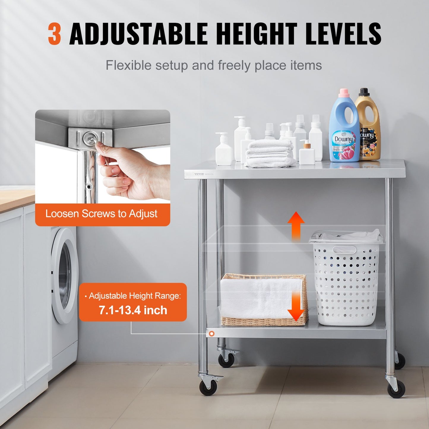 Stainless Steel Work Table - 24x36x38 Inch with Wheels, Adjustable Height