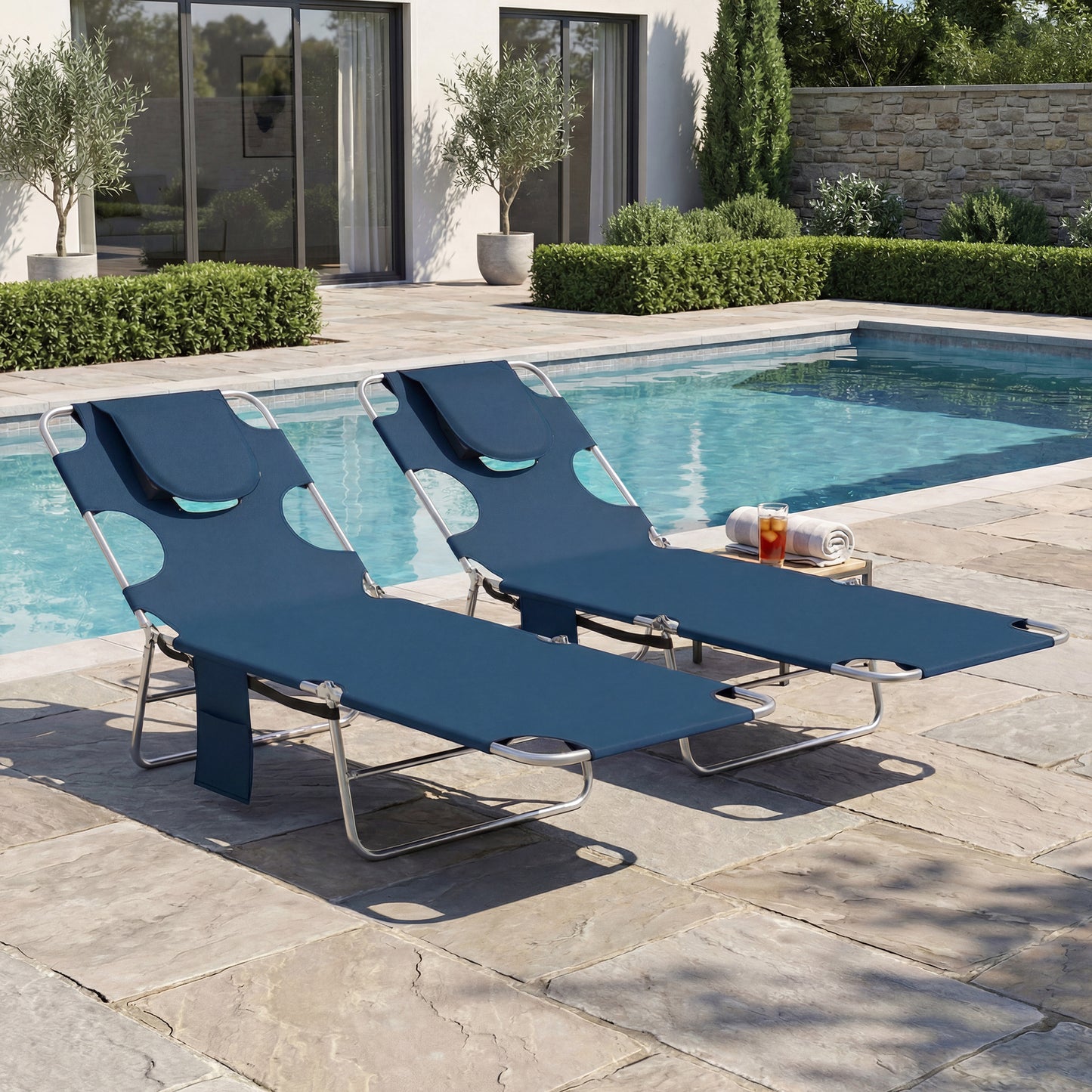 2 Adjustable Tanning Chairs with Face Hole - Dark Blue