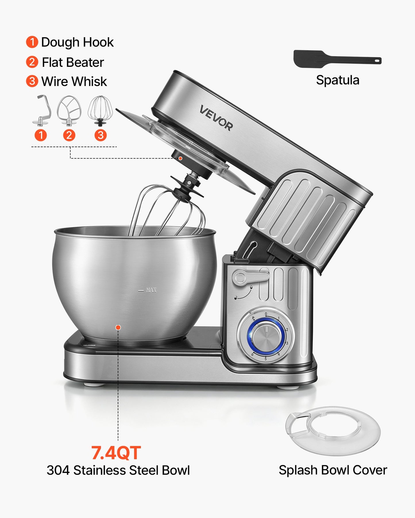 7.4 Qt Tilt Head Stand Mixer 500W with Stainless Steel Bowl & Attachments