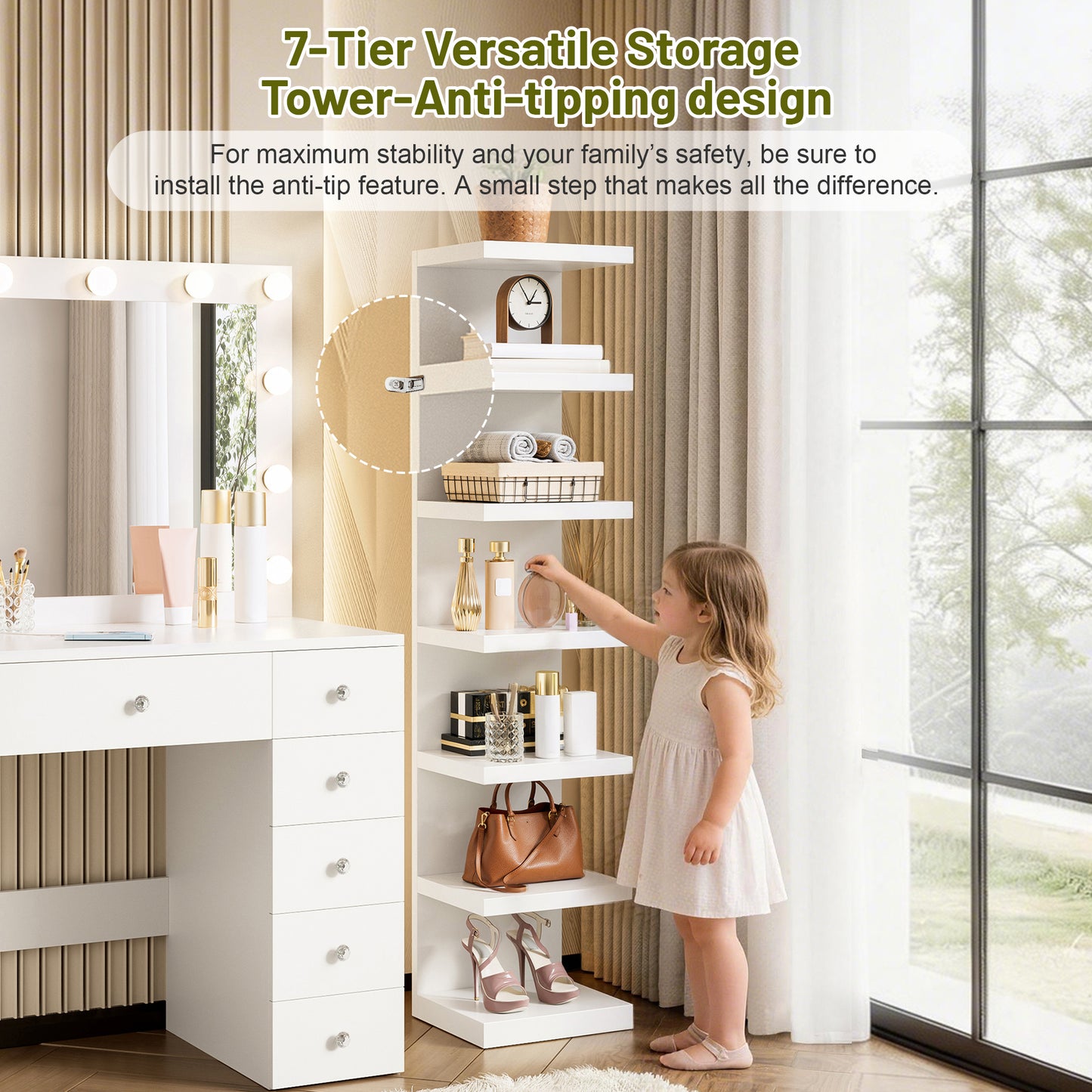 Vanity Desk With 11 Hollywood Bulbs & 7-Tier Storage Shelves , Makeup