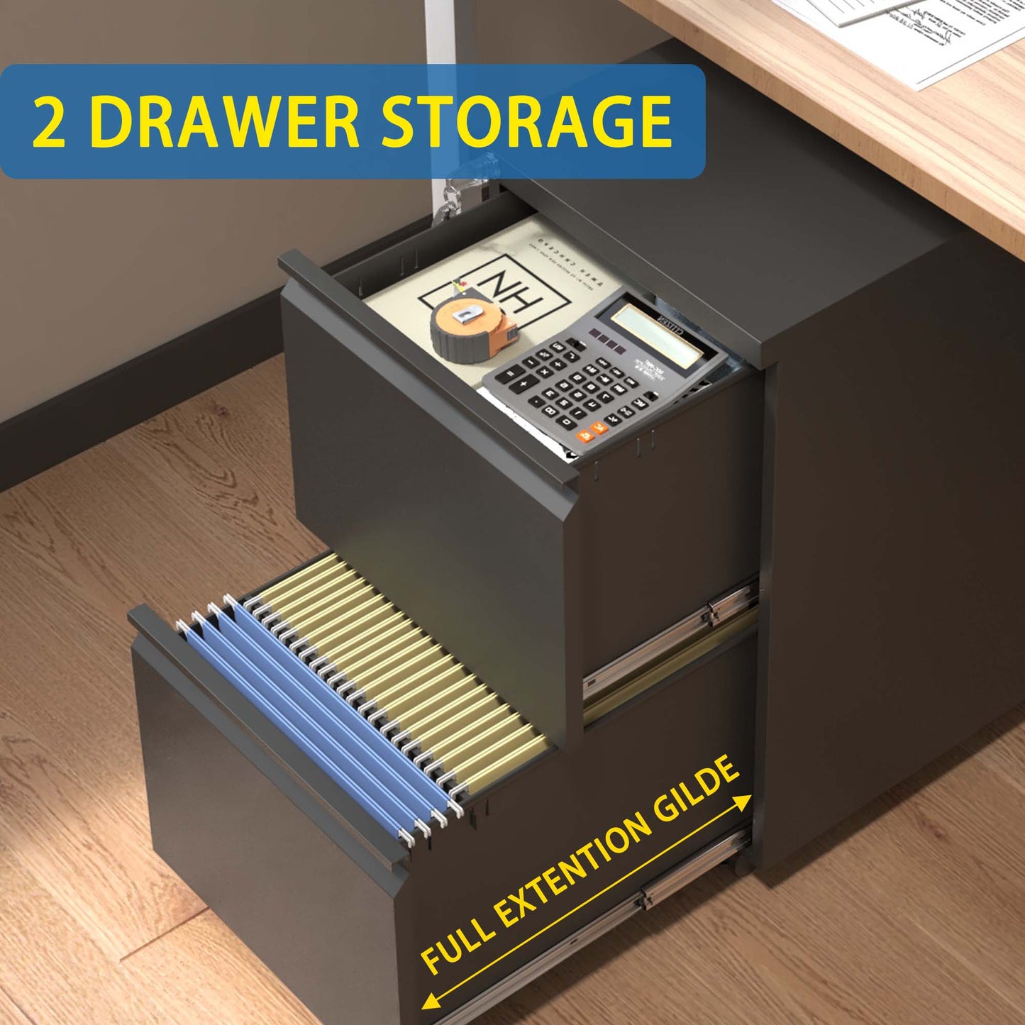 2 Drawer Mobile File Cabinet with Lock - Black Metal Office Storage