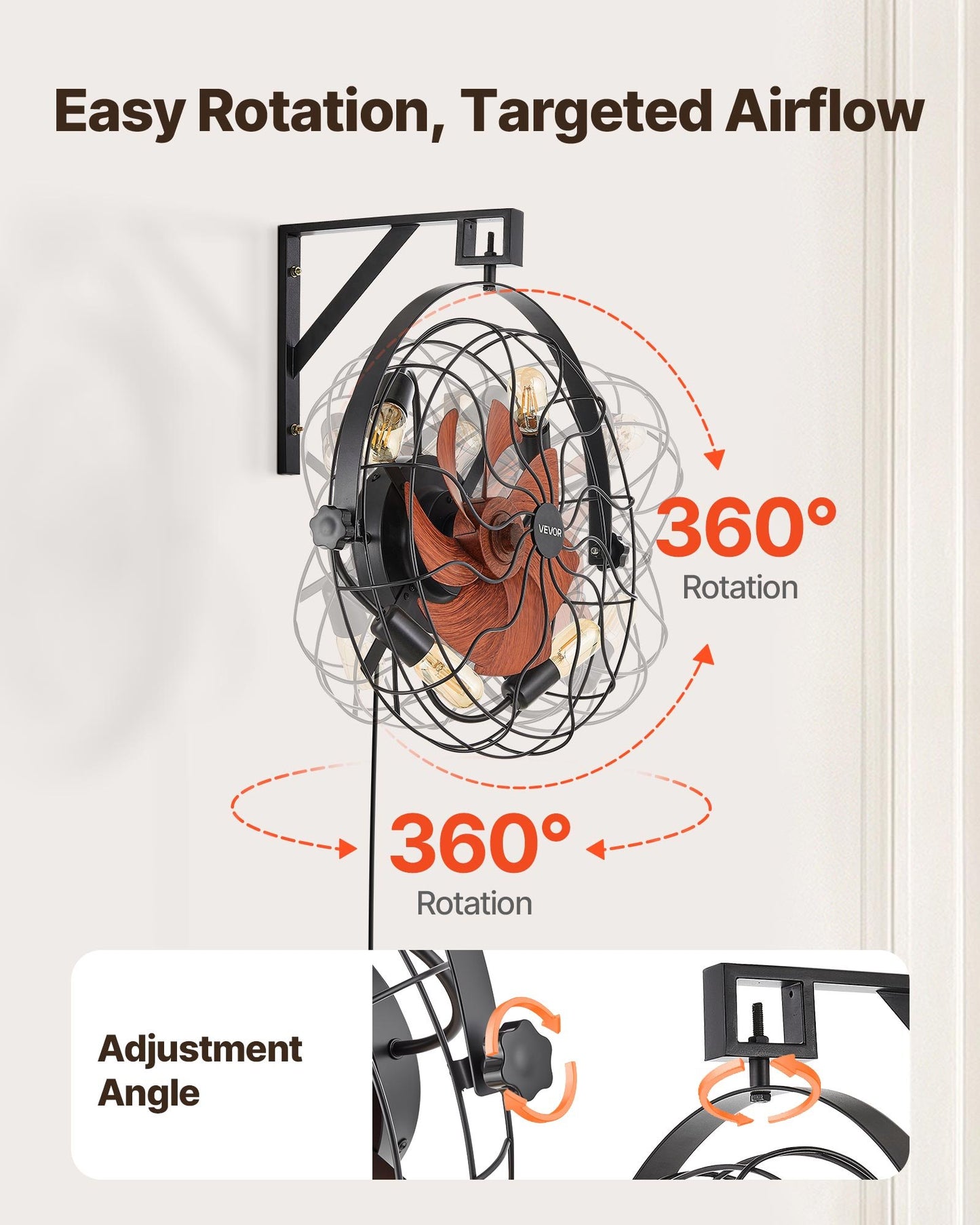 Wall Mounted Fan with Lights and Remote, 21-Inch, 6 Speeds, Timer, 360° Tilt, E26 Socket Compatible