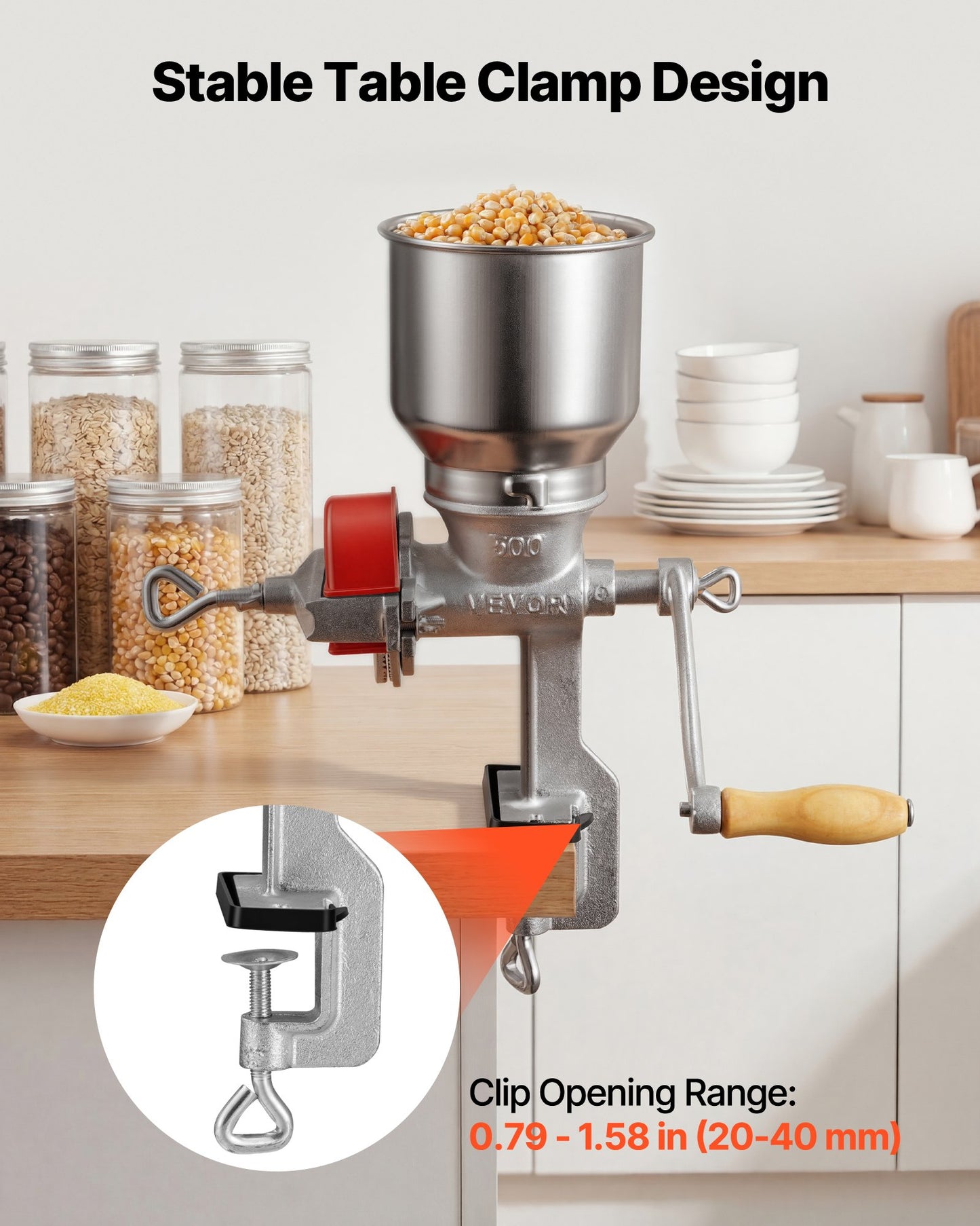 Manual Grain Mill with High Hopper - Hand-Crank Corn & Wheat Grinder, Heavy Duty Cast Iron, Kitchen & Home Brew