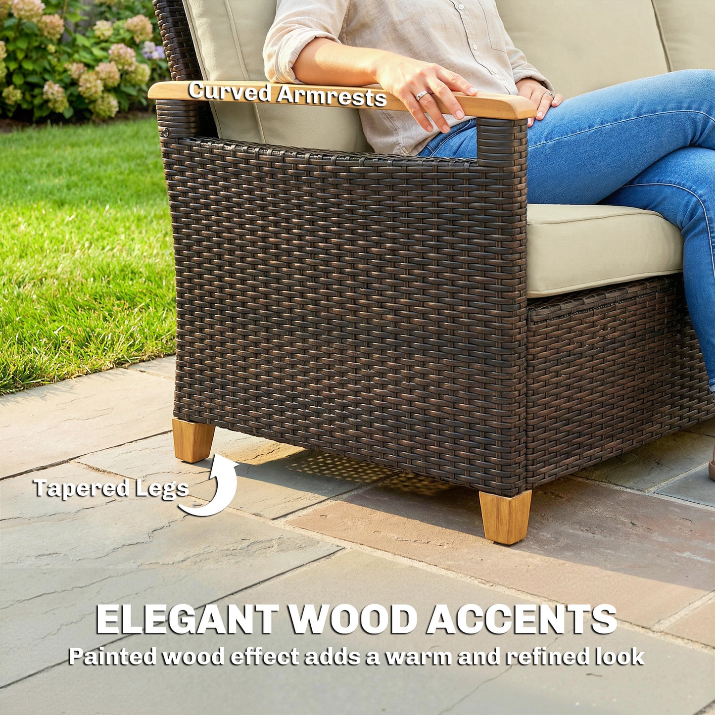 3-Seater Outdoor Wicker Couch with Cushions - Beige