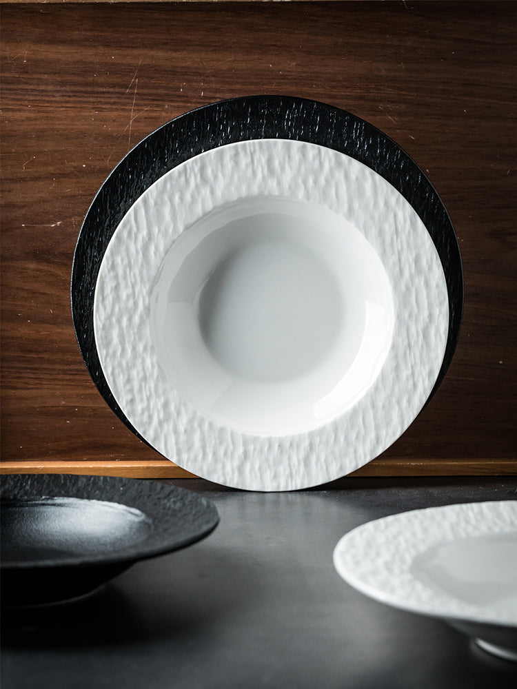 Ceramic Soup Plate Set - Stone Pattern Round Dinnerware for Kitchen & Dining