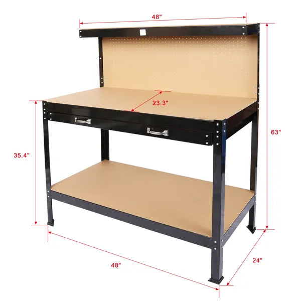 Steel Workbench with Drawer and Peg Board - 63 Inch Workshop Tool Storage