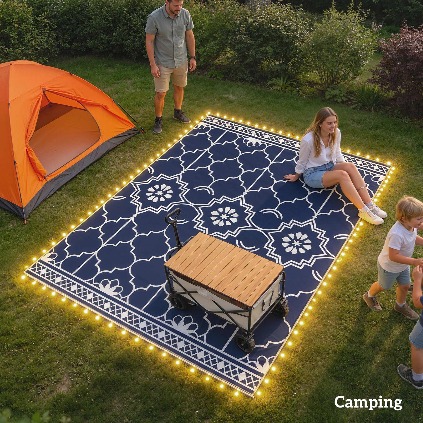 Reversible Outdoor Rug with LED Lights, 10x8 Waterproof Design