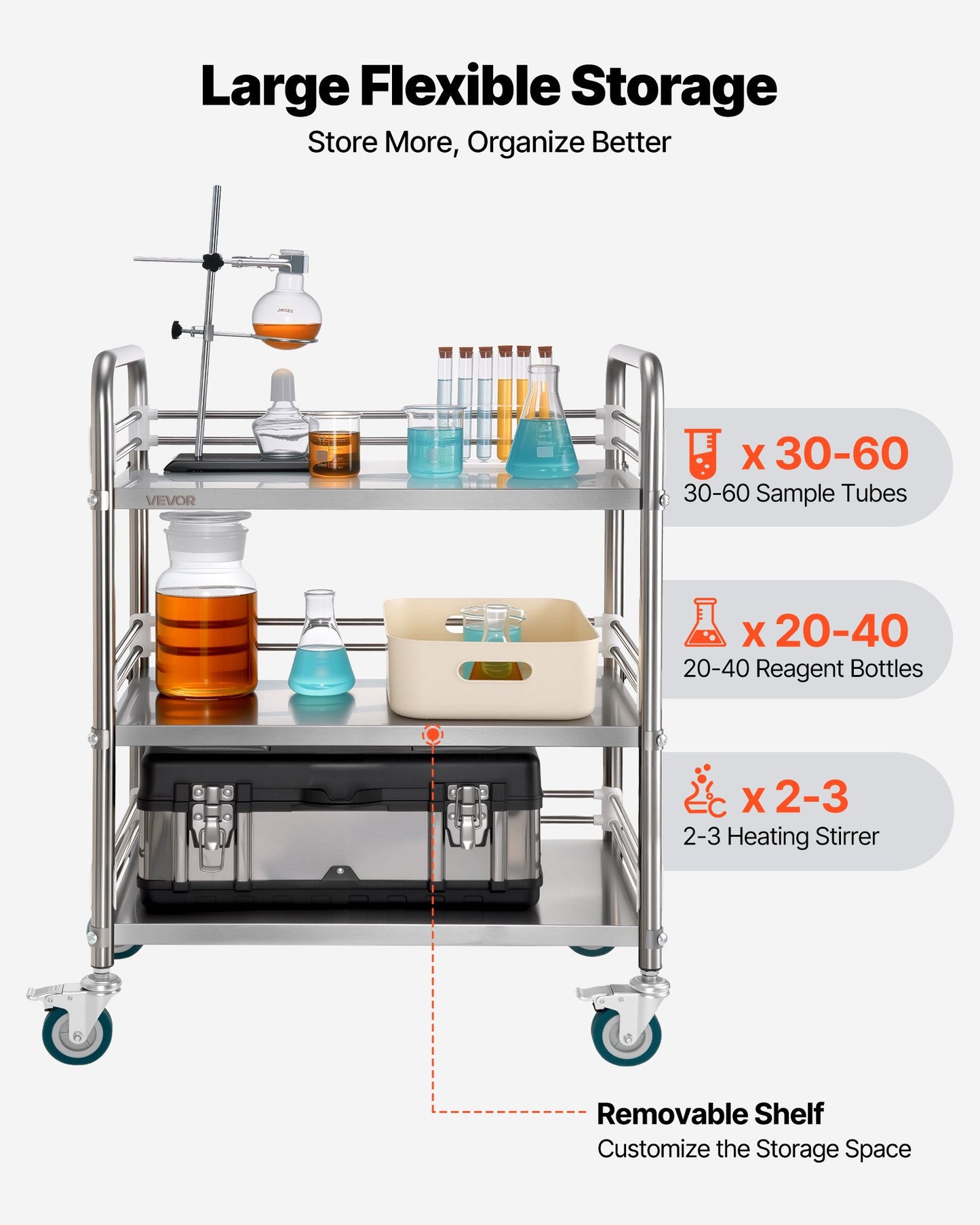 Stainless Steel Utility Cart with Locking Wheels - Heavy Duty 3-Tier Service Trolley