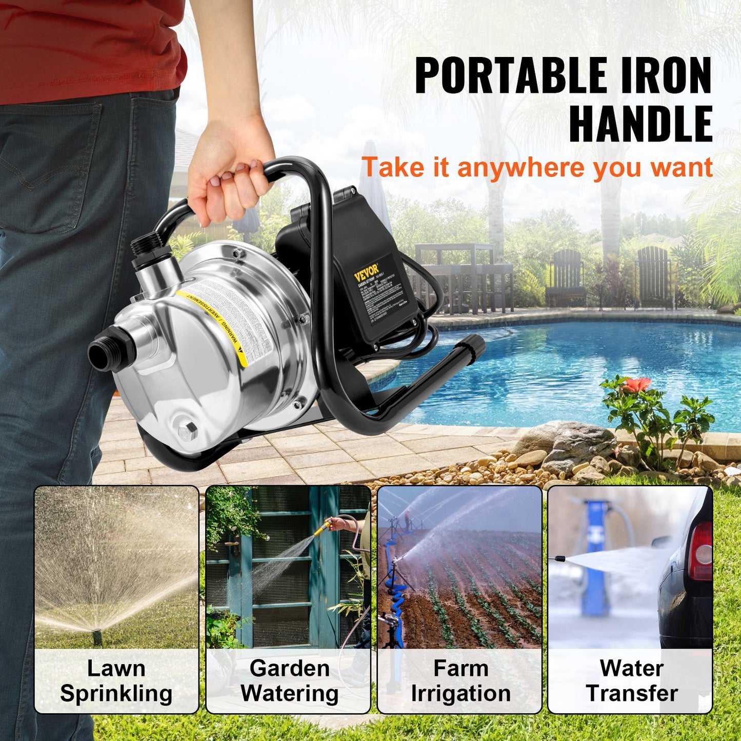 Portable Garden Water Pump 1.5HP 1200GPH Stainless Steel Water Jet Pump