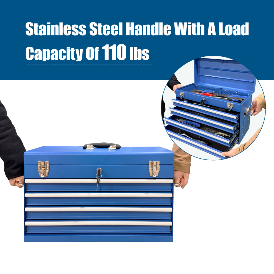 Heavy Duty Metal Tool Box with 4 Drawers - 21-inch Portable Steel Storage Chest, Locking & Powder Coated Finish, Blue
