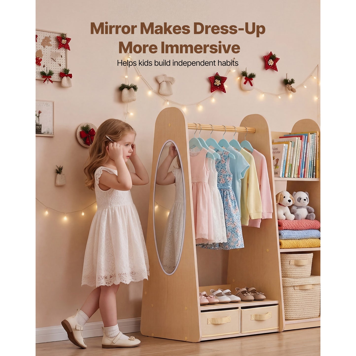 Kids Dress Up Storage Closet with Mirror and Shelves - Toddler Wardrobe Organizer