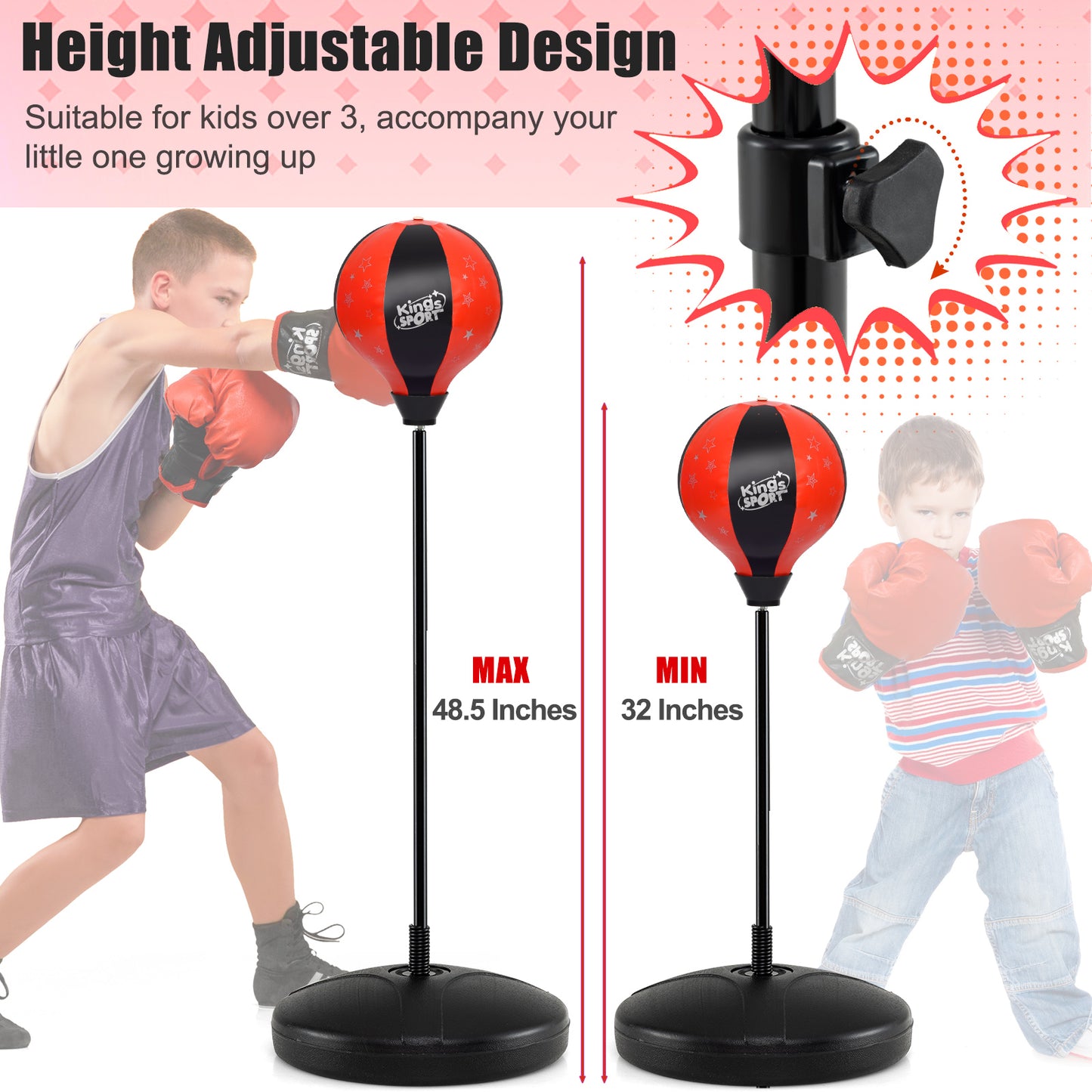 Kids Adjustable Punching Bag Toy Set with Boxing Gloves - Red