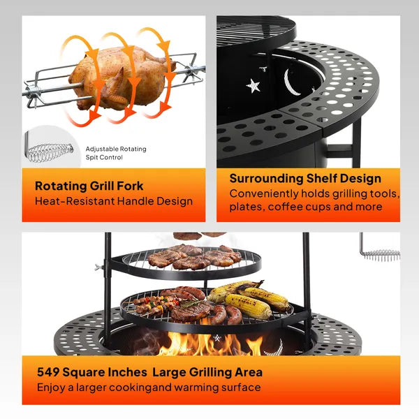 33-Inch Outdoor Fire Pit with 2 Cooking Grills - Black