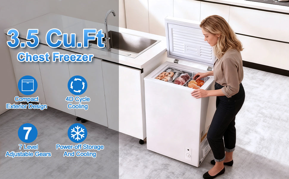 3.5 Cu.Ft Small Chest Freezer Compact Deep With 7-Level Temperature