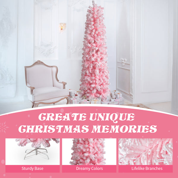 7.5 FT Snow Flocked Artificial Pencil Christmas Tree - Pink