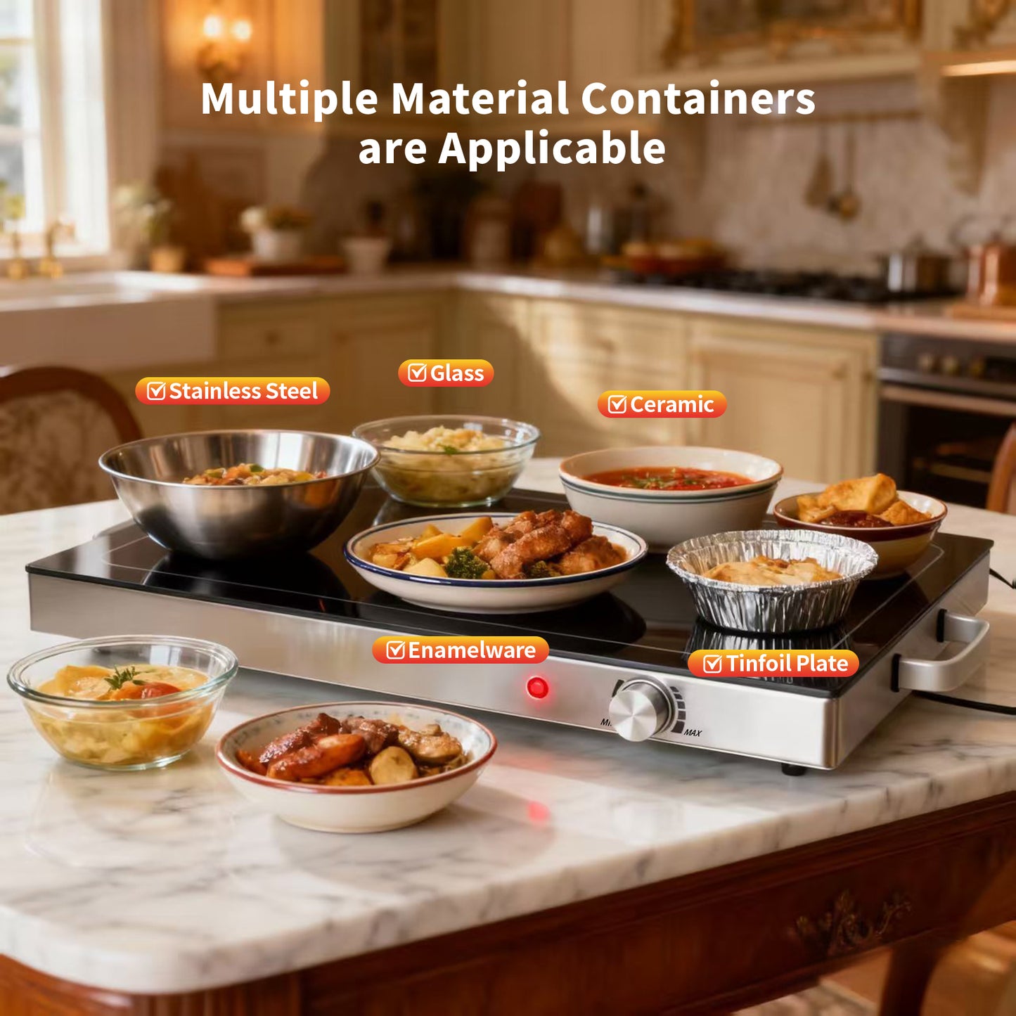 Electric Food Warming Tray with Adjustable Temperature - 22in