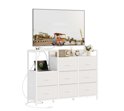 Wooden Top TV Media Console Table with 8 Drawers & Charging Station - White