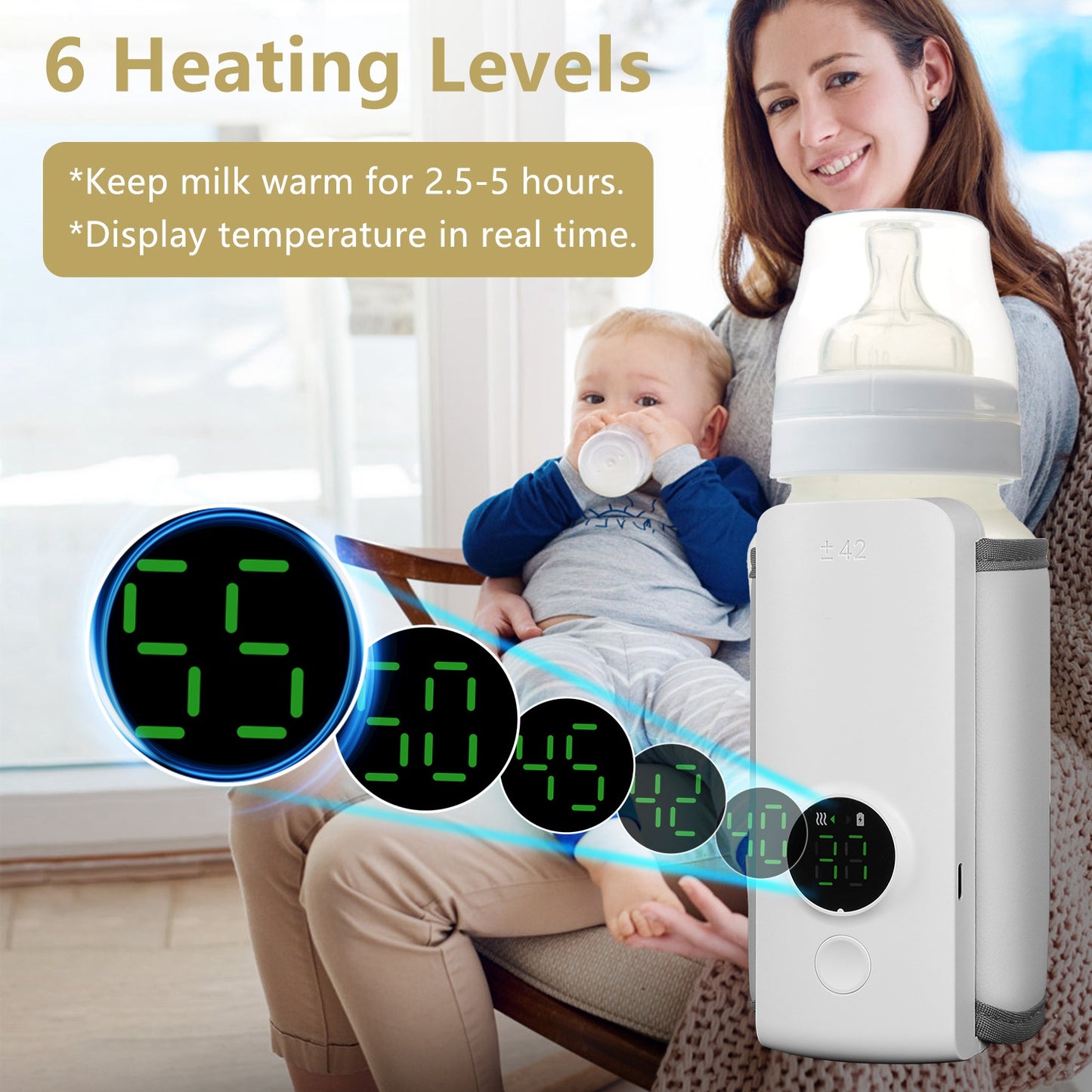 Portable Baby Bottle Warmer with 6 Heating Levels, USB Rechargeable, Keeps Milk Warm Up to 5 Hours - White