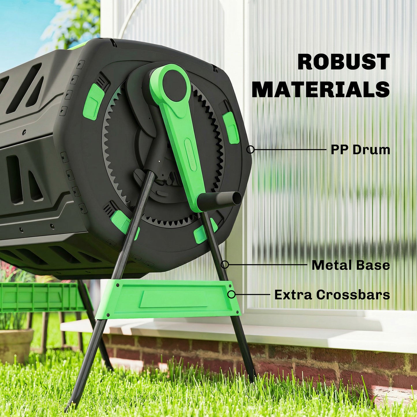 53 Gal Dual Chamber Outdoor Compost Bin - Tumbling Garden Composter with Adjustable Vents, BPA-Free, Green