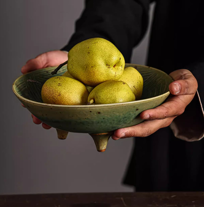 Japanese Style Coarse Ceramic Fruit Plate with Green Soup Bowl - Handmade Kitchen Serving Dish