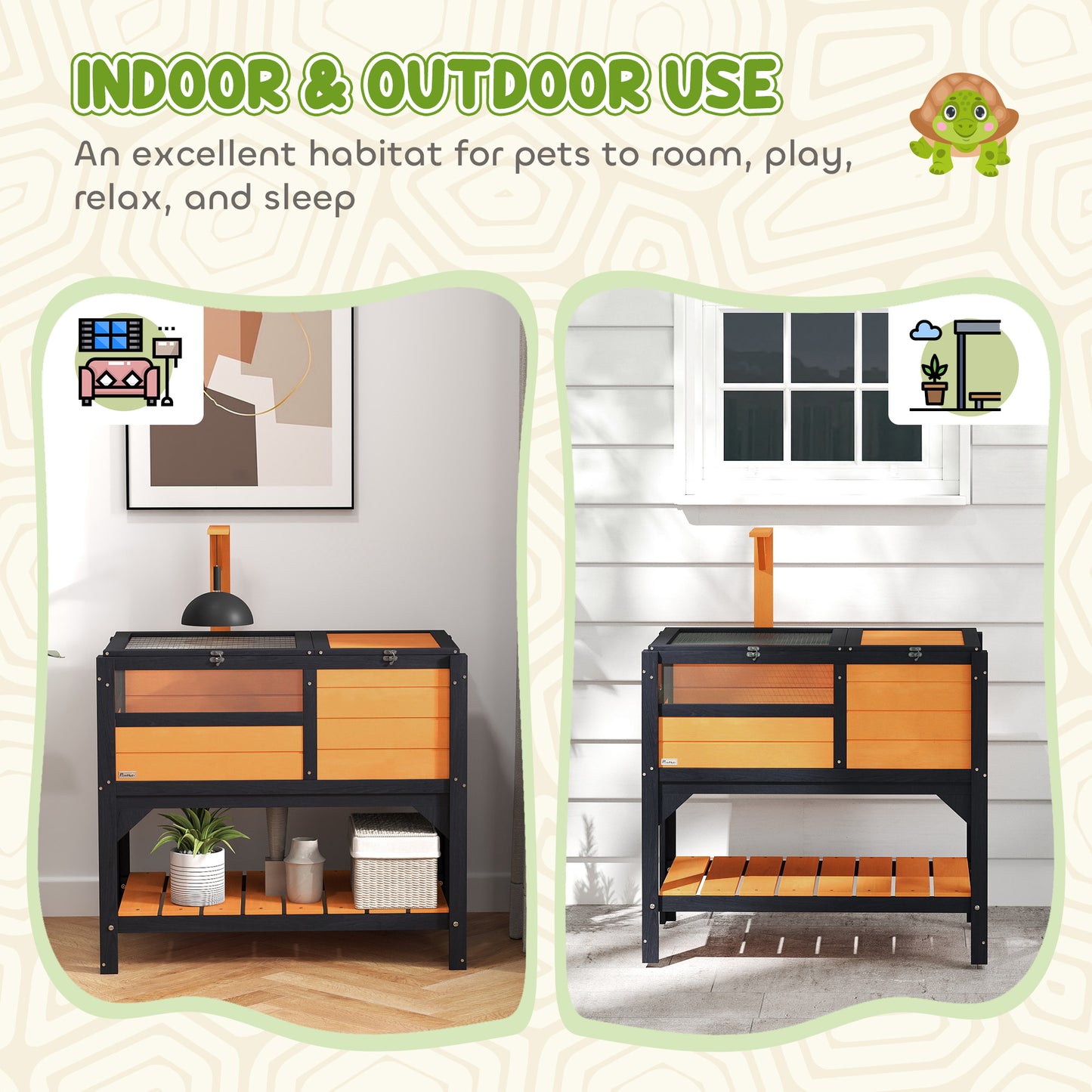 Pet Tortoise Habitat with Shelf Storage and Weather Protection - Indoor Use, Yellow