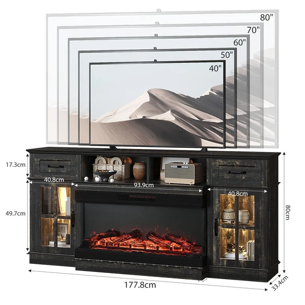 70-Inch Black Gold Oak Electric Fireplace TV Stand with Glass Doors